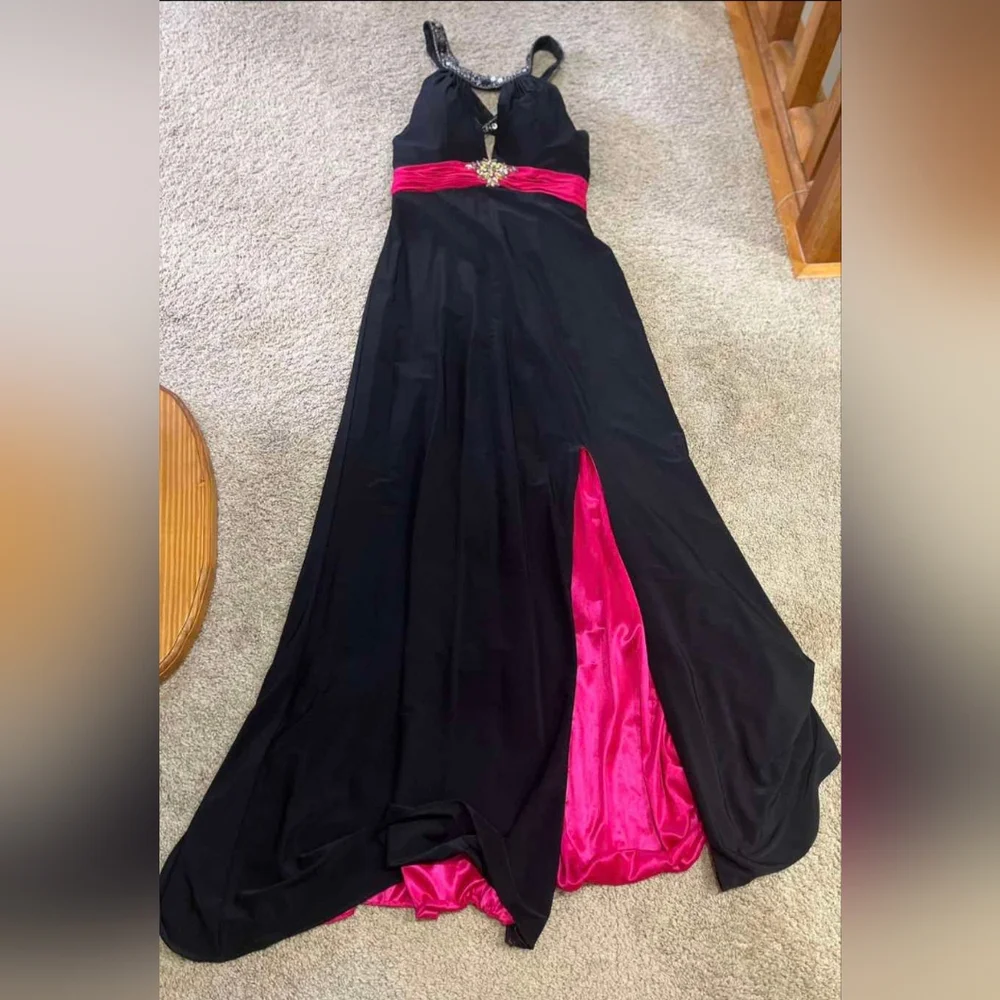 Alyce Designs Black Formal Dress with Pink Waistband and Embellished Neckline - Picture 3 of 4